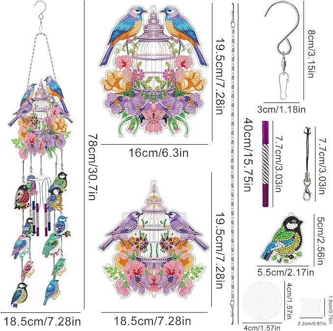 Birdcage Diamond Art Painting Wind Chime DIY Kits Sparrow Birds 5D Diamond Art Wind Chimes Hanging Ornament Set Double Sided Special Shaped Gem by Number Mosaic Wind Chime for Yard Tree Outside Decor