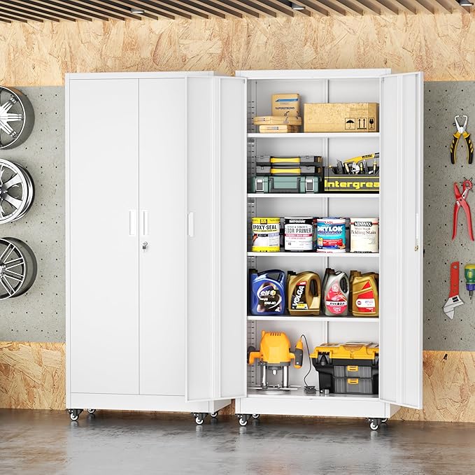 Superday 73" Metal Storage Cabinet with Wheels, Lockable Steel Utility Cabinet with 2 Doors and 4 Adjustable Shelves, Rolling Storage Cabinets for Garage, Home Office, Kitchen Pantry, White