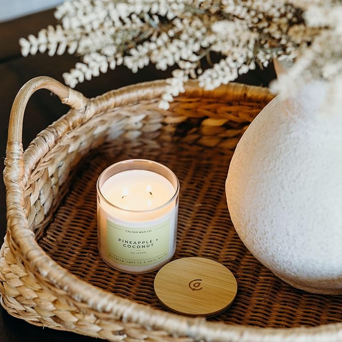 Calyan Wax Co. Pineapple & Coconut 2 Wick Scented Candle - 37 Hour Burn - Luxury Non Toxic Soy Wax Candles - Long Lasting Large Glass Jar Candle for Home - 8.8oz