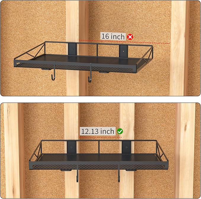 2 Pack Garage Wall Shelf, Garage Wall Mounted Shelving, Heavy Duty Floating Shelves With 4 Hooks, Loads 90 LBS Black Wall Shelves Mesh Storage Rack for Office, Basement, Wall Cabinet and Kitchen