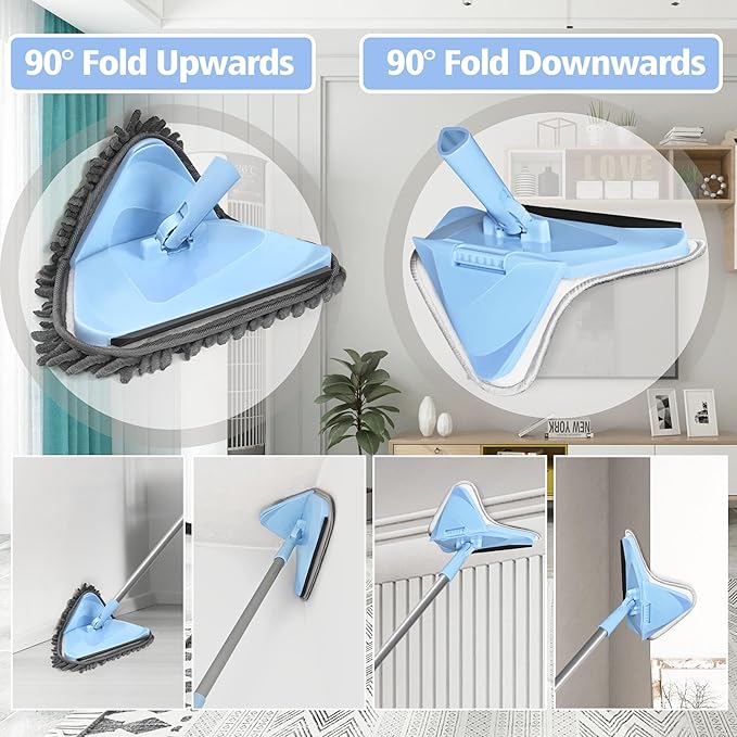 NEWE Wall Washer Mop with 80 Inch Long Handle, Wall and Ceiling Cleaner, 180° Folding Wall Scrubber with Long Handle, Triangle Baseboard Scrubber, 4 Chenille Duster & 2 Microfiber Pads