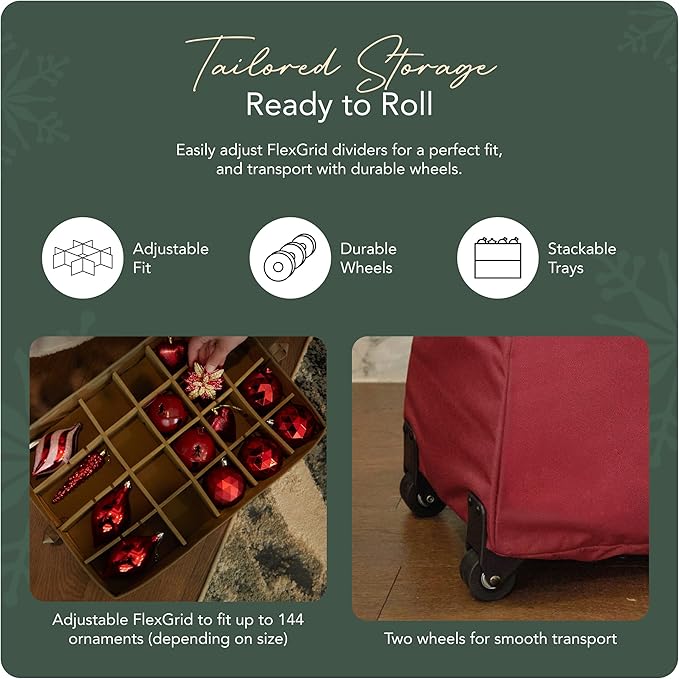 Covermates Keepsakes Rolling Adjustable Ornament Storage Bag – Heavy-Duty Polyester, FlexGrid Trays & Padded Dividers – Protective Holiday Organizer with Wheels, Handles & ID Window, Red