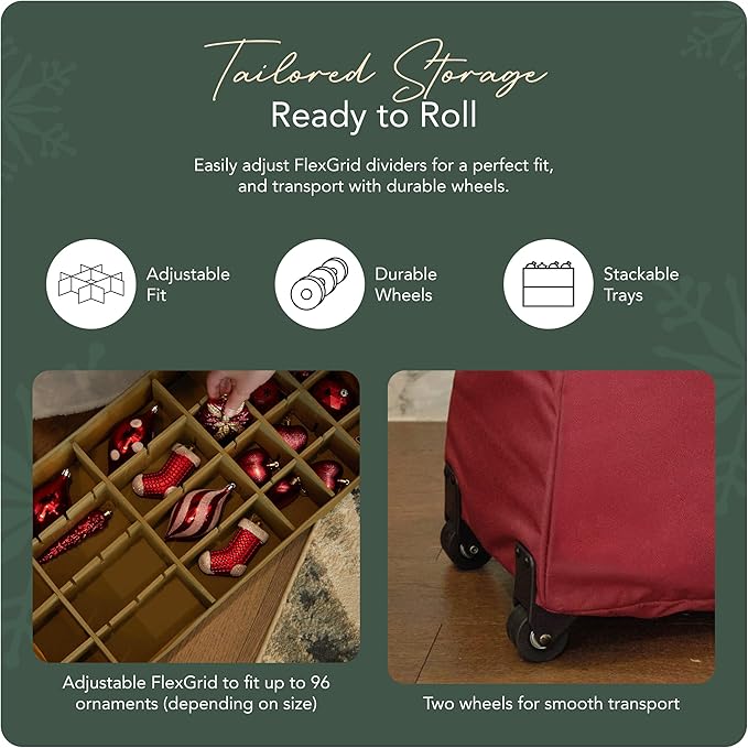 Covermates Keepsakes Rolling Adjustable Ornament Storage Bag – Heavy-Duty Polyester, FlexGrid Trays & Padded Dividers – Protective Holiday Organizer with Wheels, Handles & ID Window, Red