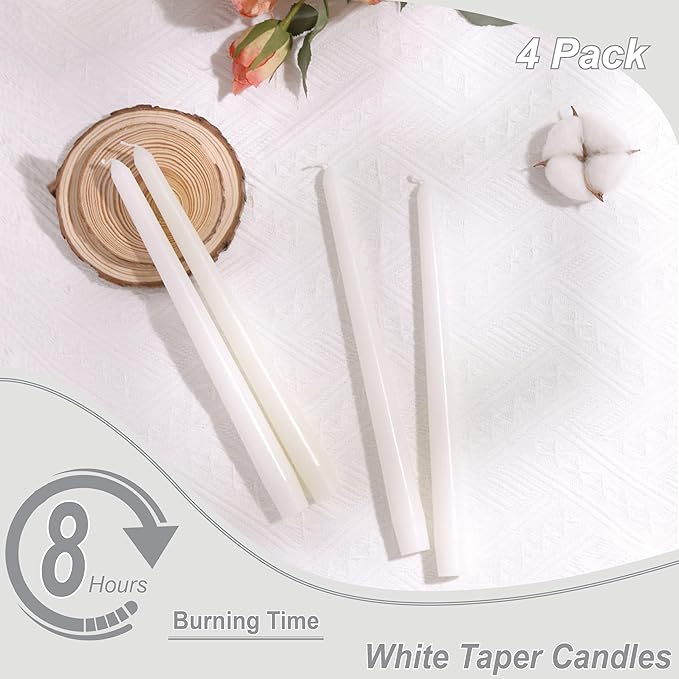 10-Inch Taper Candles - White Dripless Candlesticks Tall Unscented Tapered Candle Smokeless Paraffin Wax with Cotton Wicks 8 Hours Long Burning Candle Sticks for Church Prayer Rituals 4 Pack