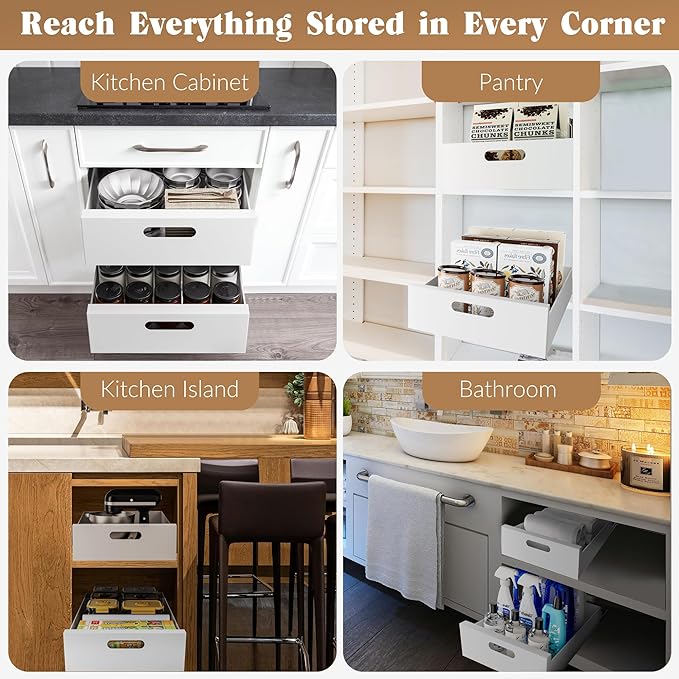 HBL' 1 Pack | 21" Deep Pull Out Cabinet Organizer Adhesive, 12-Inch Wide Sturdy Carbon Steel Roll-Out Drawers for Face Frame or Frameless Cabinets,Slide-Out Shelves for Pantry.
