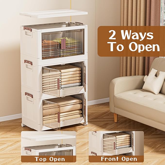 45GAL/180QT 3 tier large stackable storage bins with lid and wheels, collapsible storage bins plastic with doors，suit for clothes, closet, home and office