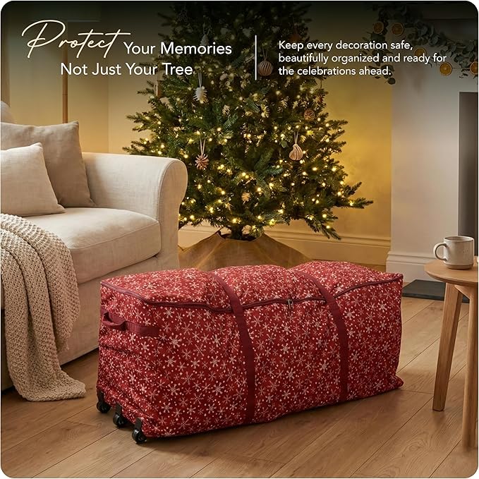 Covermates Keepsakes Christmas Tree Rolling Cinch Bag – Heavy-Duty Polyester Holiday Storage with Wheels, Reinforced Handles & Cinch Straps – Durable Christmas Tree Storage Solution, Red Snowflake