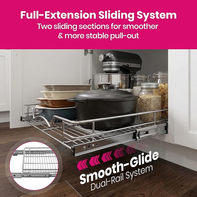 HOLDN’ STORAGE Pull Out Cabinet Organizer, Heavy Duty Caddy w/Lifetime Limited Warranty -20”W x 21”D - Requires At Least 21-1/4” Cabinet Opening, Steel Metal Cabinet Drawers Slide Out, Chrome
