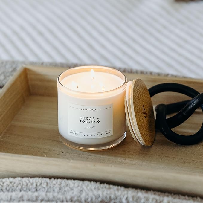 Calyan Wax Co. Cedar & Tobacco 3 Wick Scented Candle - 43 Hour Burn - Luxury 3 Wick Soy Candles - Non Toxic Soy Wax Candles - Long Lasting Large Glass Jar Candle for Home - 14.9oz