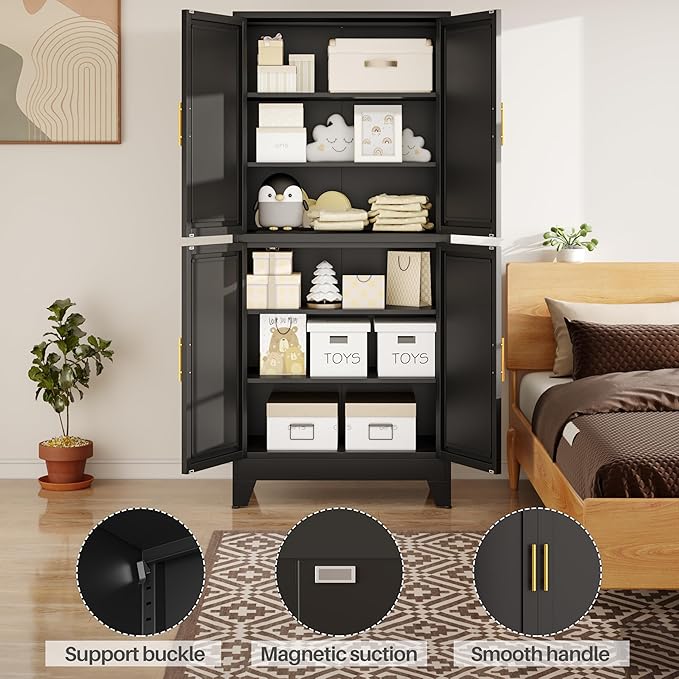 75" H Tall Kitchen Pantry Cabinet, Pantry Storage with Doors and 3 Adjustable Shelves, Metal Storage, Cupboard for Kitchen, Black