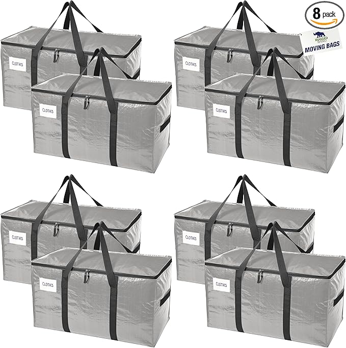 RUGGED RHINO 8 Pack Heavy Duty Extra Large Moving Bags, Durable Bag with Strong Handles and Zipper, Moving Boxes Alternative for College Packing, Holiday Décor, Space Saving Storage with Label, Silver