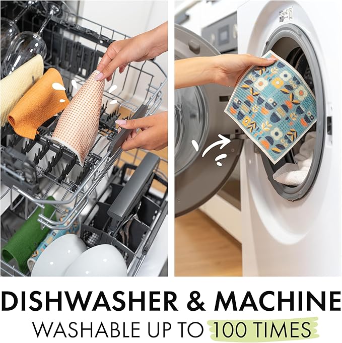 SUPERSCANDI 5 Pack Swedish Dishcloths for Kitchen - 100% Biodegradable & Compostable | Reusable Paper Towels Washable, Food-Safe & Without Plastic - Dish Rags Suitable for Any Surface | Scandi Design
