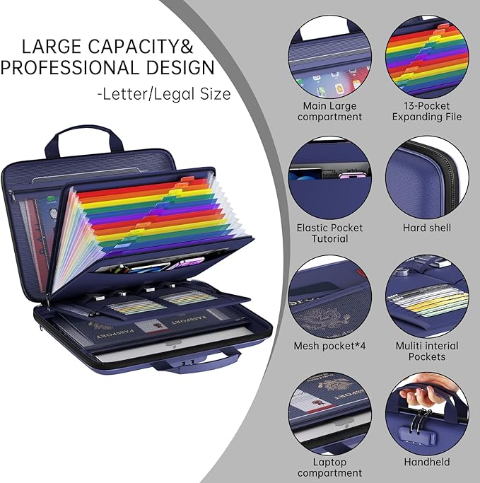 Fireproof File Organizer,Fireproof Document Box with Lock,Large 13 Pocket Expanding File Folder,Hard-Shell Portable Safe Storage for Letter/Legal Document,Laptop,Valuables-Bule