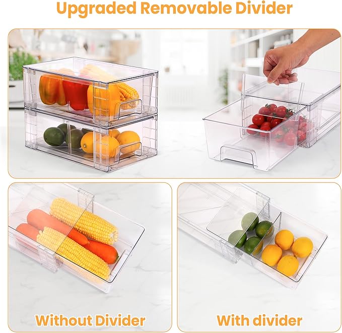 4 Pack Stackable Storage Drawers, Bathroom & Undersink Organizer with Removable Dividers - Acrylic Drawer Organizers with Handles for Fridge, Kitchen Cabinet, Pantry Storage
