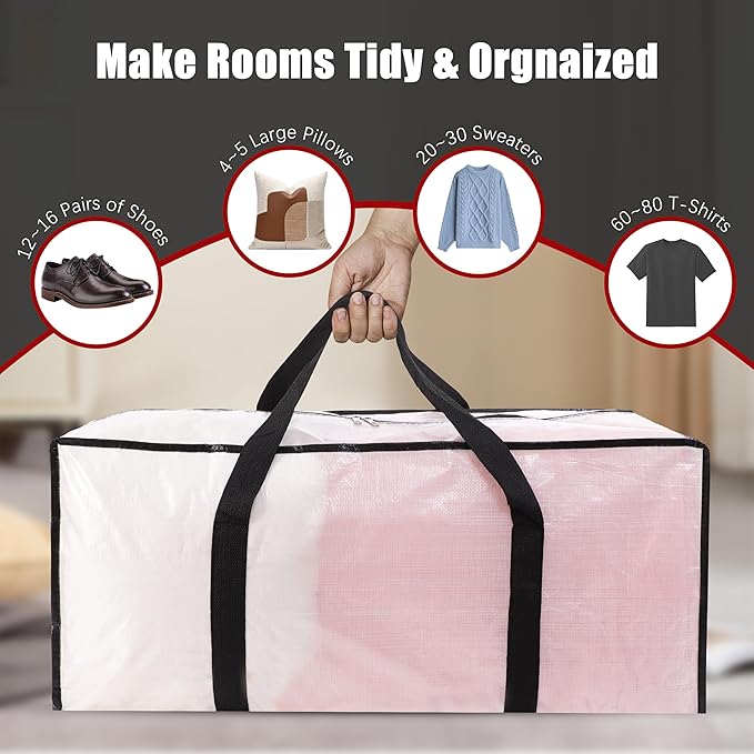 PANDA JOYS Extra Large Moving Bags with Zippers & Carrying Handles, Heavy-Duty Storage Tote for Space Saving Moving Storage, Fold Flat, Alternative to Box and Bin - 12 Pack, Semi-Transparent