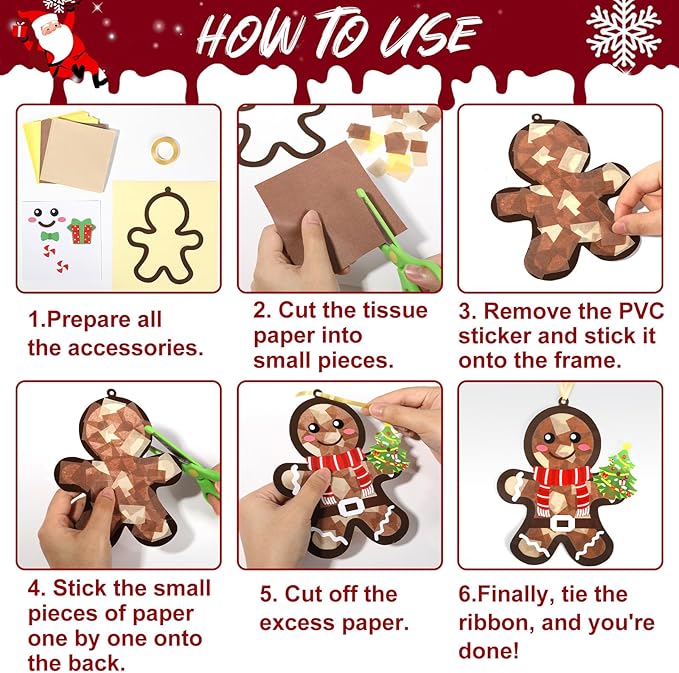 Qyeahkj 36 Set Christmas Gingerbread Suncatchers Crafts for DIY Winter Gingerbread Man Window Tissue Paper Craft Kit Hanging Decor for Xmas Holiday Home Activity Art Project Birthday Party Favor
