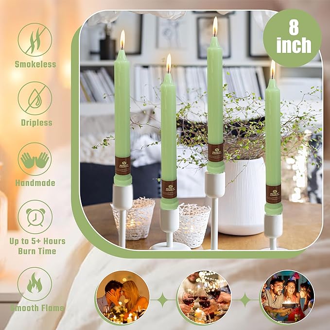 Green Taper Candle 8 Inch Long Candlesticks Unscented Dripless Tapered Candle Set for Home Decor Wedding Party Dinner Candles, 4 Pack