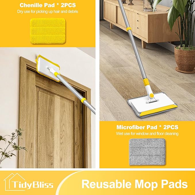 Baseboard Cleaner Tool with Handle, 55.9” Long Wall and Base Board Cleaning Mop, 4 Reusable Pads, 1 Stiff Bristle Scrubber Brush for Floorboard Ceiling Cabinet Window Bathroom (Yellow)