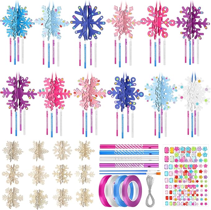MiniInflat 36 Sets Winter Snowflakes Wind Chime Kit DIY Crafts Make Your Own Wooden Wind Chime Arts and Crafts DIY to Paint Snowflake Craft for Making Kit Supplies