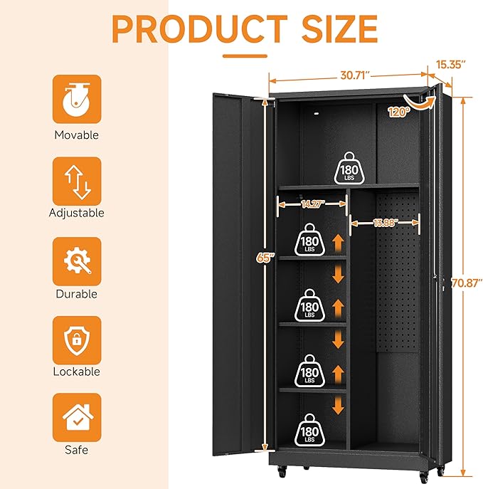 Metal Garage Storage Cabinet with 2 Doors, Adjustable Rolling Tool Storage Cabinet with Lock, 71" Steel Locking Tool Cabinet with Wheels and Shelves for Garage, Warehouse(Black, 71" H)