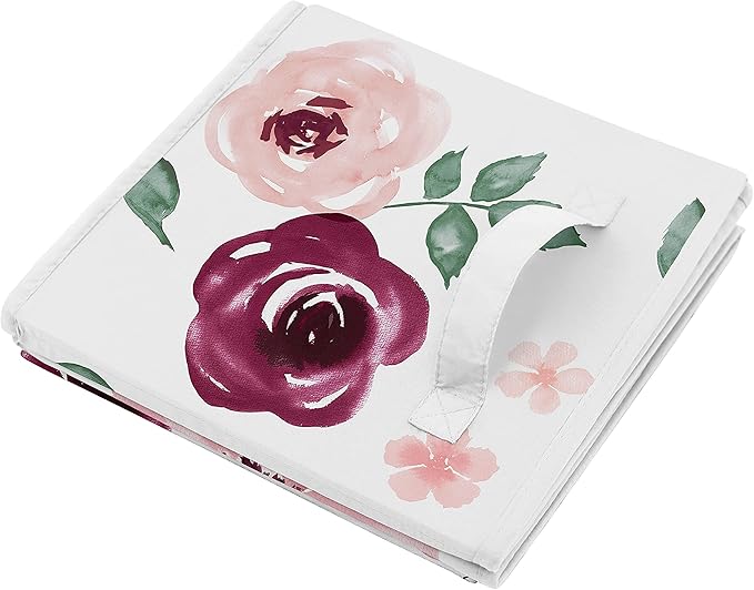 Sweet Jojo Designs Burgundy Watercolor Floral Foldable Fabric Storage Cube Bins Boxes Organizer Toys Kids Baby Childrens - Set of 2 - Blush Pink Maroon Wine Rose Green Shabby Chic Flower Farmhouse