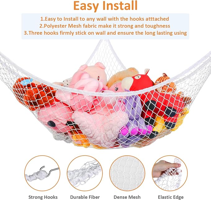 Jumbo Toy Hammock Stuffed Animals and Toy Storage Hammock Net 70" Wall Sling Corner Extra Large Kids Children Mesh Toy Net Organizer White