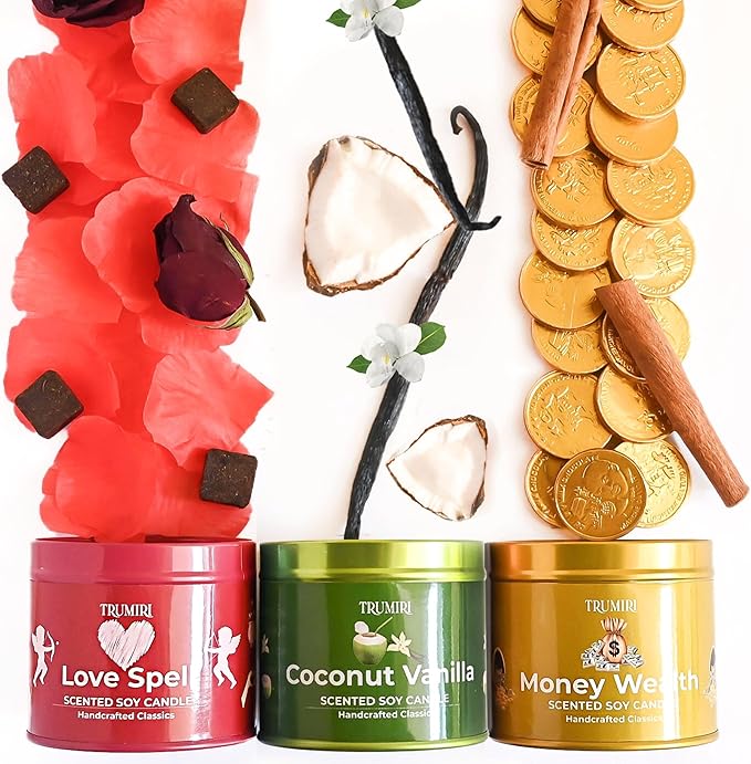 Love Spell, Money Wealth, Coconut Vanilla - Soy Candles Non Toxic - Highly Scented Long Lasting with Essential Oils - Variety Pack of 3 x 5oz - for Home Aromatherapy Meditation Gift Travel