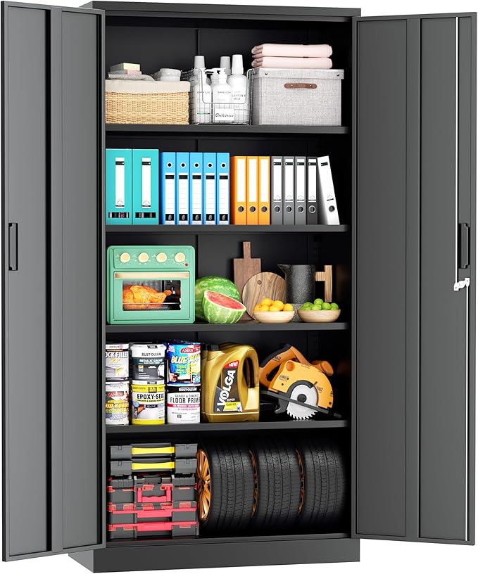 Superday Metal Storage Cabinet, 72" Garage Storage Cabinets with Lock, Black Metal Cabinet with 2 Doors and 4 Adjustable Shelves for Home Office, Classroom, File, Easy Assemble