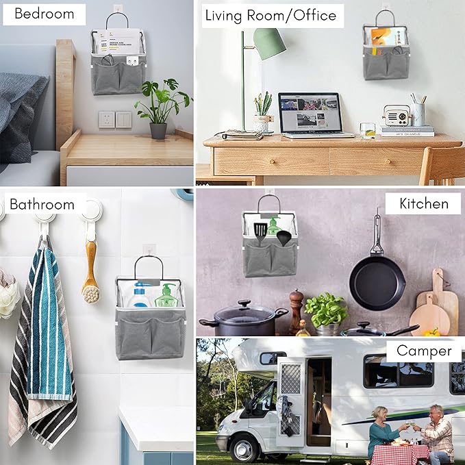 Kanrichu 3pcs Wall Hanging Organizer Bag, Linen Fabric Door Hanging Storage Basket with Pockets, Waterproof Bin for Kitchen, Bedroom, Office, RV Camper (Gray)