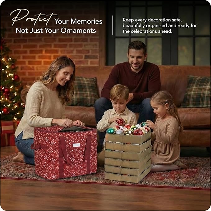 Covermates Keepsakes Adjustable Ornament Storage Bag – Heavy-Duty Polyester, Padded Dividers & FlexGrid Trays – Protective Holiday Ornament Organizer with Handles & Label Window, Red Snowflake