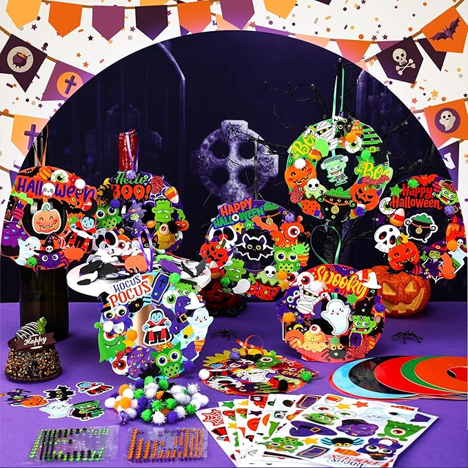 Hollowfly 48 Sets Halloween Wreath Craft Kits for Kids Foam Halloween Wreath Signs Craft Pumpkins Owl Ghost Witch Bats Monster Ornament Decorations Stickers for Art Favors Trick-or-treaters Door Decor