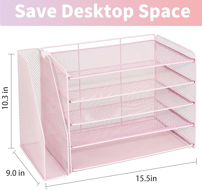 OPNICE Desk Organizer, 5-Tier Paper Organizer Letter Tray with Magazine Holder, Office Desk Accessories & Workspace Organizers, Desktop File Organizer for Office Supplies Storage, Pink