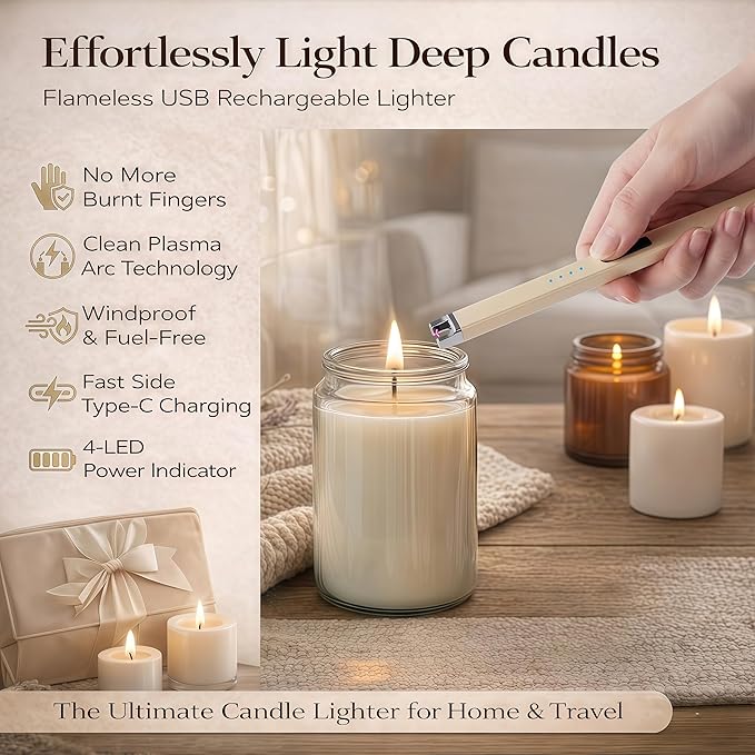 Castelar Candle Lighter, Electric Lighter Windproof Flameless with Safety Switch, USB Rechargeable Lighters for Candle, Grill, BBQ, Camping, Birthday & Stocking Stuffers (Gold)