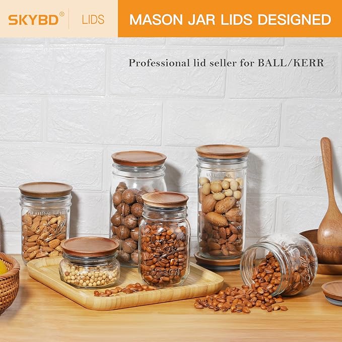 Wooden Storage Lids for Ball/Mason/Kerr Jars, Food Grade Material, Reusable canning lids with Silicone Seal, 100% Fit & Airtight for Jars (12PCS-Regular)