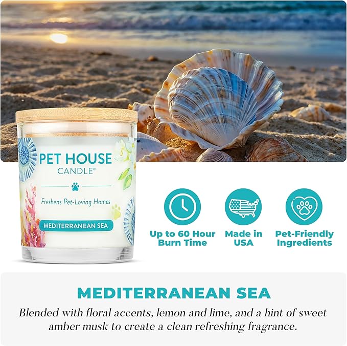 Pet House Candles, Clean Burning, Long Lasting Scented Pet Odor Candles for Home - Bamboo Watermint, Med Sea, 2 Pack