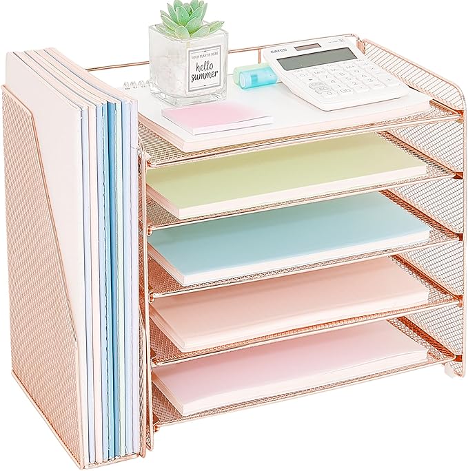 OPNICE Desk Organizer, 5-Tier Paper Organizer Letter Tray with Magazine Holder, Office Desk Accessories & Workspace Organizers, Desktop File Organizer for Office Supplies Storage, Rose Gold