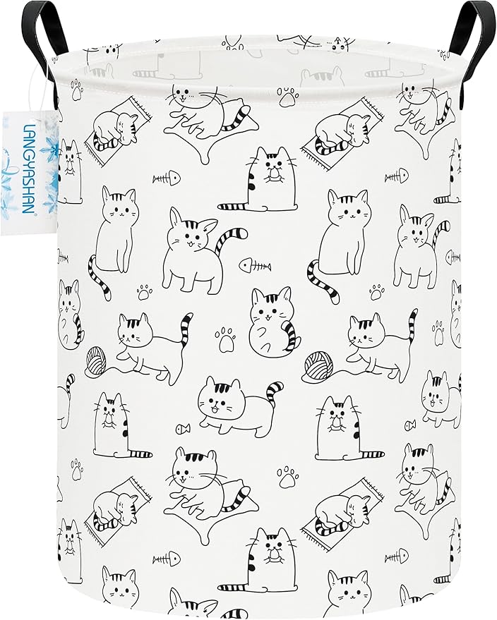 LANGYASHAN Laundry Basket Canvas Fabric Collapsible Organizer Basket for Storage Bin Toy Bins Gift Baskets Bedroom Clothes Children Nursery Hamper (Cat)