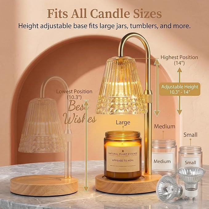 Candle Warmer Lamp with Timer and Dimmer, Adjustable Height Jar Candle Wax Warmer, Flameless Halogen Heat, 2 Replacement Bulbs, Gifts for Women Mom, Living Room Bedroom Decor