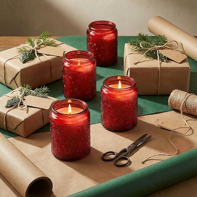 Art Secret 9-Pack 8oz Embossed Glass Candle Jars with Lids and Labels - Sun Moon Stars Design (Red)
