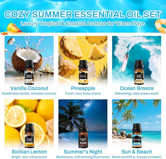 Summer Essential Oils for Diffusers for Home, 6X10ml Fragrance Oils Set, Aromatherapy Oils for Candles Making - Coconut, Pineapple, Beach, Breeze, Lemon, Summer Night | Gift Set for Women, Home, Spa