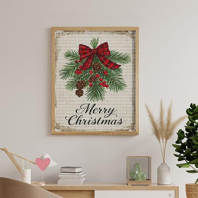 AIVKIEJK Diamond Painting Kits for Adults - Merry Christmas Holly, Pine Cones & Red Plaid Bow Painting DIY 5D Full Drill Diamond Dots Paintings with Diamonds Gem Art and Crafts Home Decor 16"x20"