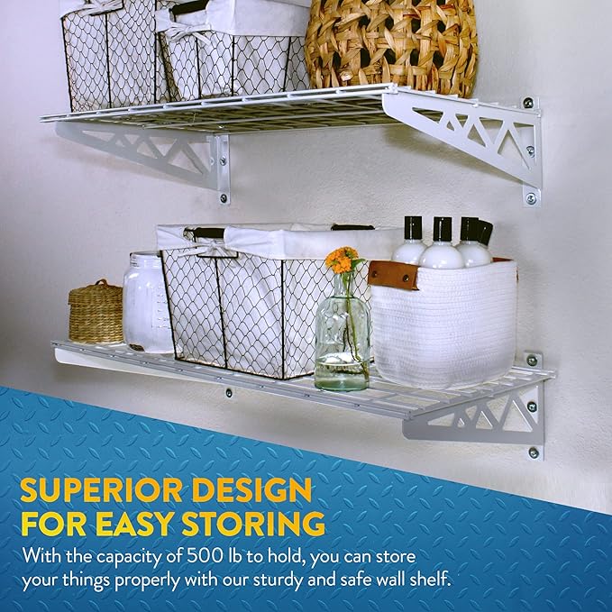 MonsterRax | Garage Wall Shelf Two-Pack White or Hammertone | Three Size Options | Includes Bike Hooks | 500lb Weight Capacity (White, 18"x48" or !8"x96")