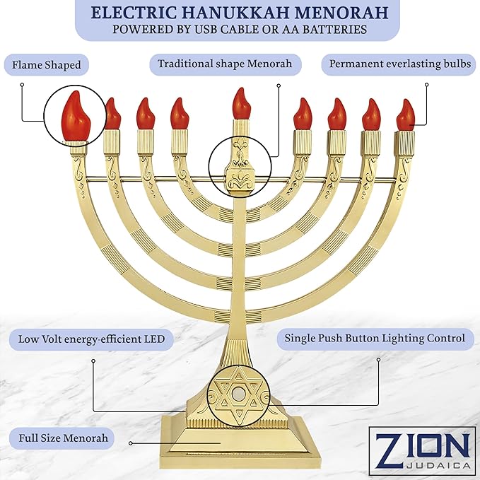 Zion Judaica Pack of 2 LED Gold Menorahs Battery or USB Powered Menoras Electronic Hanukkiah Battery Minorah Flamless Chanukah Candles Chanukkiah (Gold, 2)