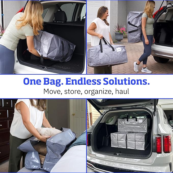 DURASACK Heavy Duty Moving Bag Storage Container Duffle Bag with Zipper, Reinforced Carry Straps and Backpack Straps, Made of Rugged Woven Polypropylene, Pack of 4, Gray