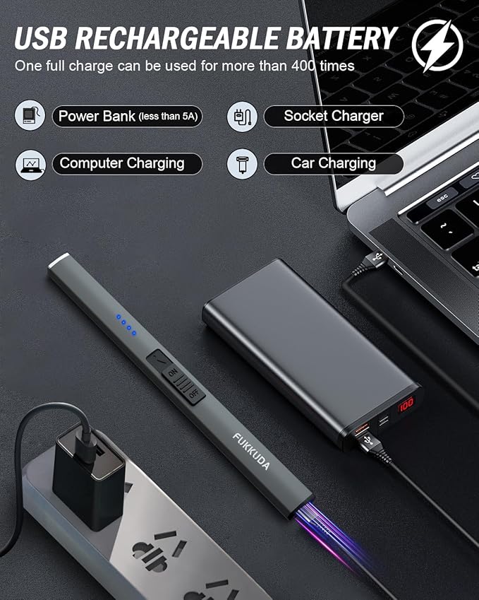 FUKKUDA Electric Candle Lighter with Safety Switch - USB Rechargeable Windproof & Flameless Plasma Arc Lighter for Easter Basket Stuffers (Space Grey)