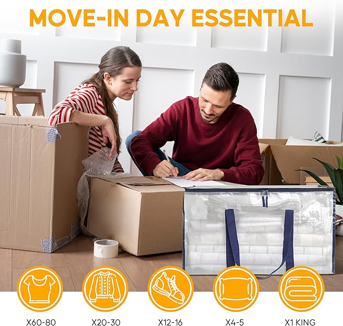 HealSmart 12 Pack Large Moving Bags with Zippers & Handles, Moving Supplies with lids, Heavy Duty Totes for Space Saving, Fold Flat, Moving and Storing, Clear