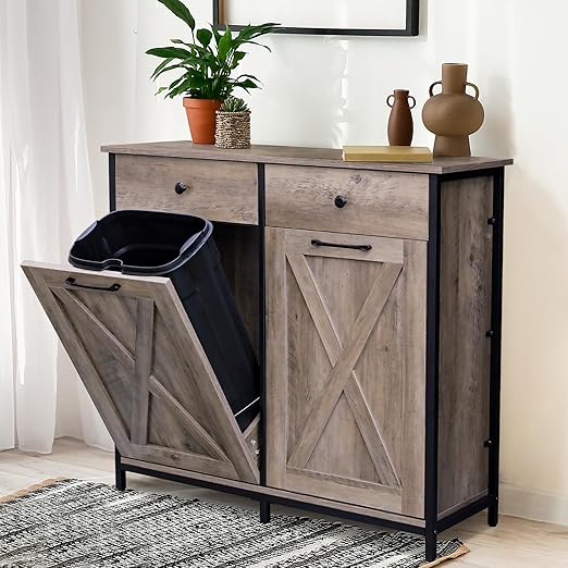 Clevich Double Tilt Out Trash Cabinet 20 Gal, Kitchen Wooden Recycling Cabinet, Hidden Garbage Can Holder w/Drawers & Tabletop, Dog-Proof Trash Bin Cupboard, Rubbish Bins NOT Included(Gray)