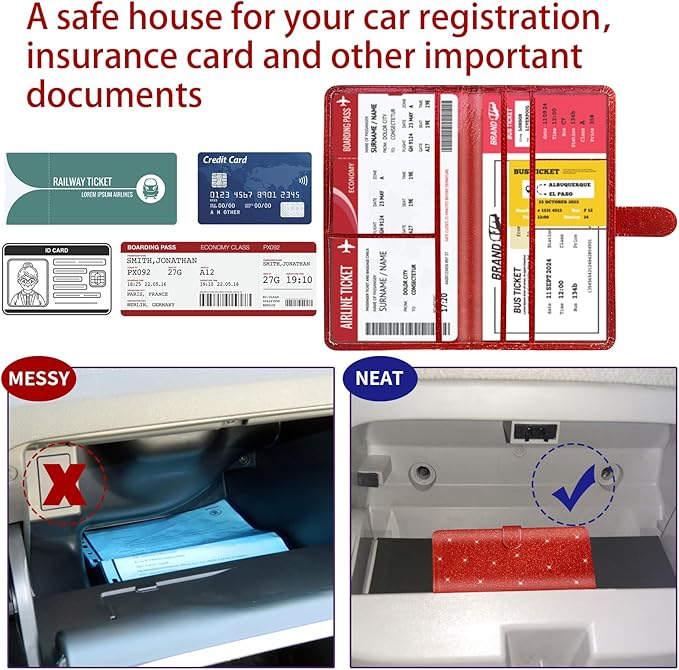 Car Registration and Insurance Card Holder - Leather Vehicle Glove Box Automobile Documents Paperwork Wallet Case Organizer for ID, Driver's License, Key Contact Information Cards