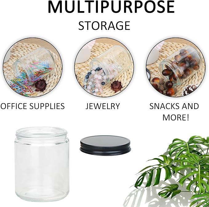 MILIVIXAY 12 Pack 8 OZ Thick Glass Clear Candle Jars with All Black Metal Lids-Bulk Empty Candle Jars for Making Candles-Canning Jar for Spice, Liquid, Sample- Dishwasher Safe.