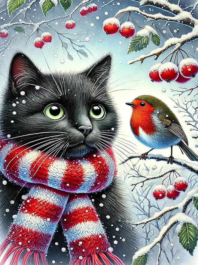 Winter Diamond Painting Kits for Adults Beginners,DIY Cat Hummingbird Diamond Art,5D Full Round Drill Diamond Dot Gem Art Kits,Home Wall Decor 12x16 Inch
